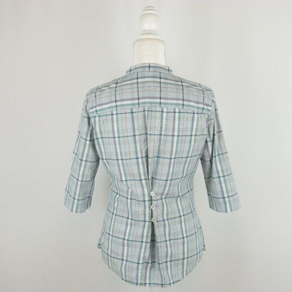 GoLite Women's Small Blue White Plaid  3/4 Sleeve Collared Popover Blouse - Picture 3 of 8